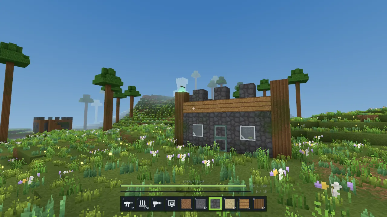 A small cobblestone fort with battlements, glass windows, a door outlined in green and a turret glowing on its corner post, with cobblestone selected on the hotbar
