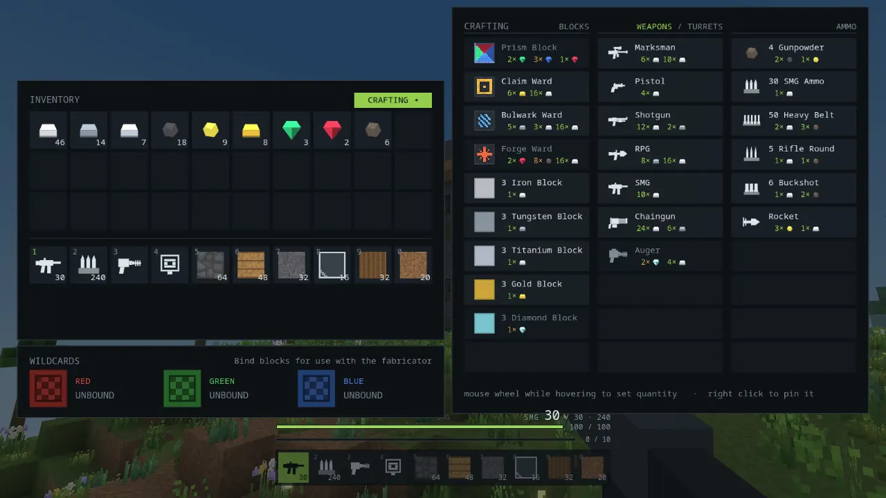 The inventory open on the left with ingots, coal, sulfur and gems, and the crafting panel on the right listing blocks, weapons and ammo with what each costs