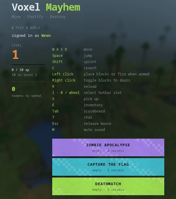 The lobby: your level and tokens, the list of keys, and a button each for Zombie Apocalypse, Capture the Flag and Deathmatch