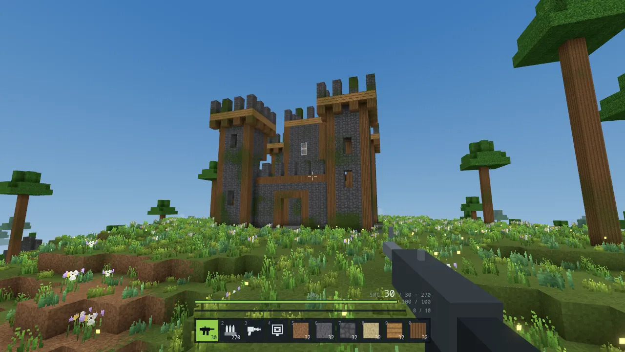 First-person view holding an SMG in front of a stone keep on a grassy hill, with the crosshair, ammo count, health and experience bars and the hotbar on screen