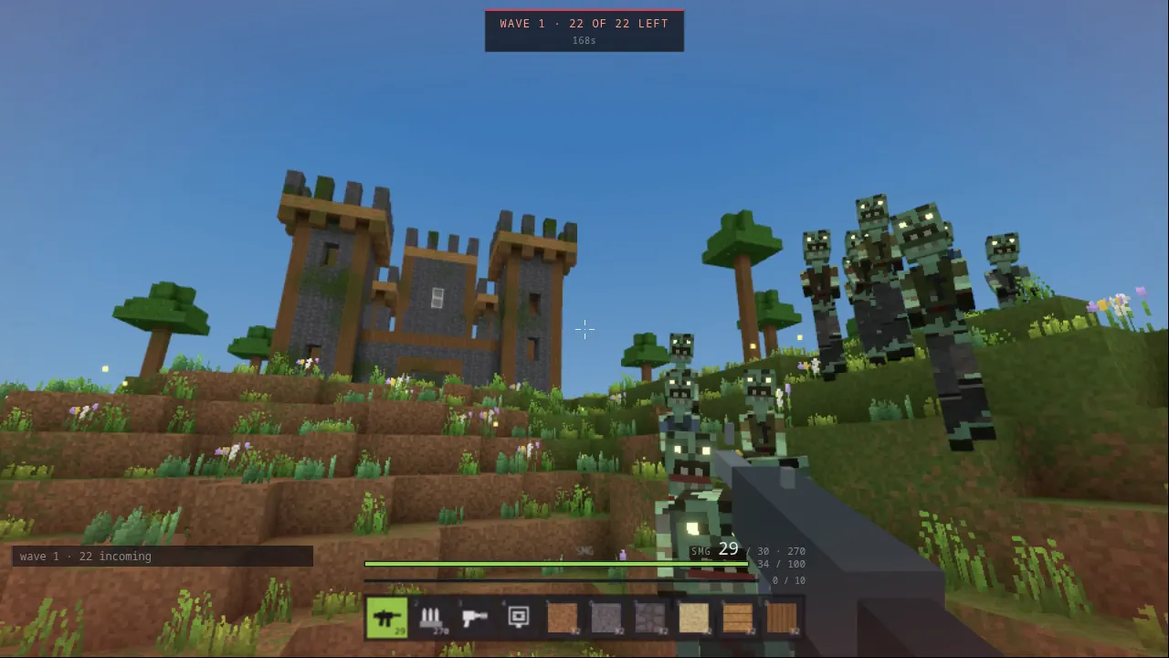 A pack of zombies coming down a hill at the player, with the wave counter reading Wave 1, 22 of 22 left